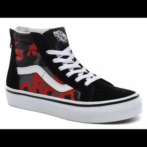 Boys 13.5 black hightop Vans w/red & grey camo